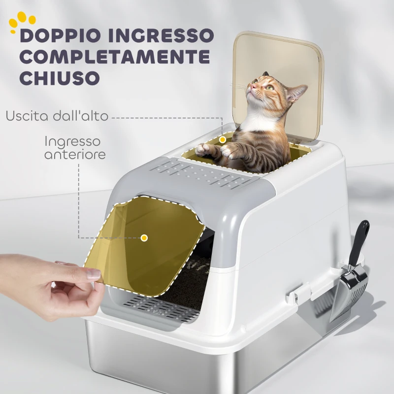 PawHut Lettiera per Gatti Chiusa a 2 Ingressi con Deodorante e Paletta, 60.4x40.4x41.8 cm, Bianco e Grigio