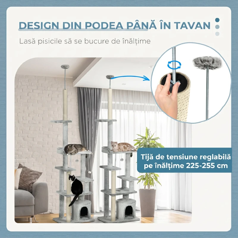 PawHut Copac Scratcher pentru Pisici la Tavan cu Platforme și Căsuță, 60x40x225-255cm, Gri
