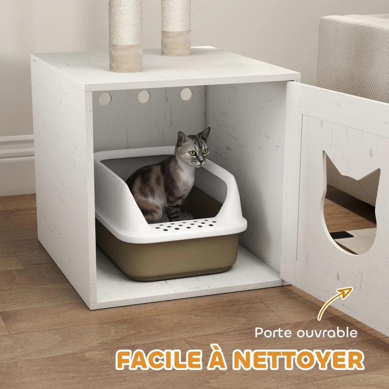 PawHut Arbre à chat avec maison de toilettes, tour de jeu 2-en-1 de 129 cm avec cache-litière, poteaux à griffer, crème