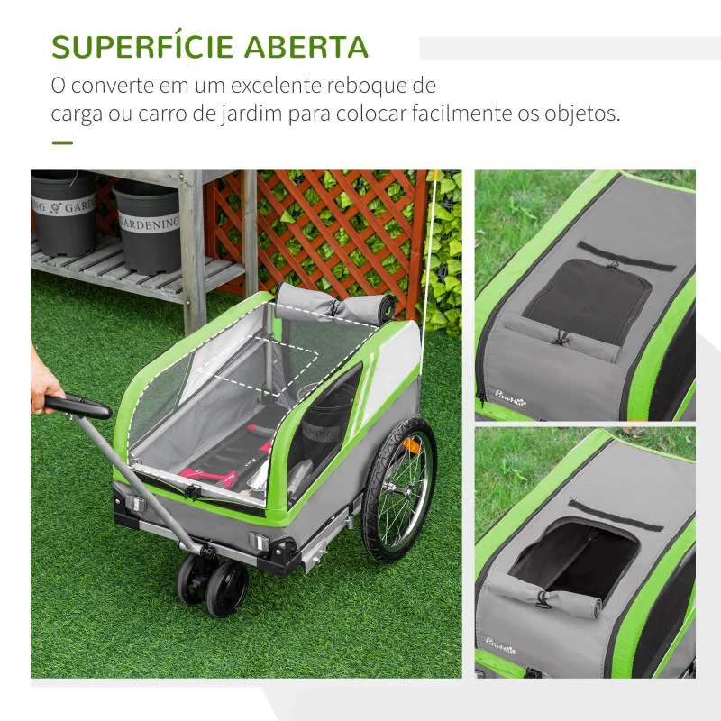 PawHut Reboque de Bicicleta para Cães 2 em 1 Carrinho para Animais de Estimação com Porta Enrolável Cinto de Segurança Bandeira e Refletores 130x64x92cm Verde e Cinza