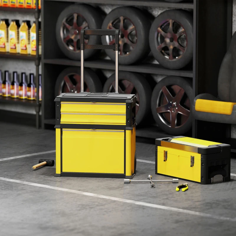 HOMCOM Caja de Herramientas con Ruedas Apilable Carro de Herramientas de Acero con Bandeja Mango Telescópico Amarillo y Negro