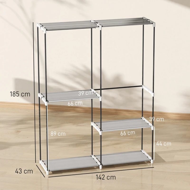HOMCOM Armário de Roupa Aberto 142x43x185 cm Armário para Roupas com 4 Prateleiras de Tecido 3 Barras para Pendurar Cinzento