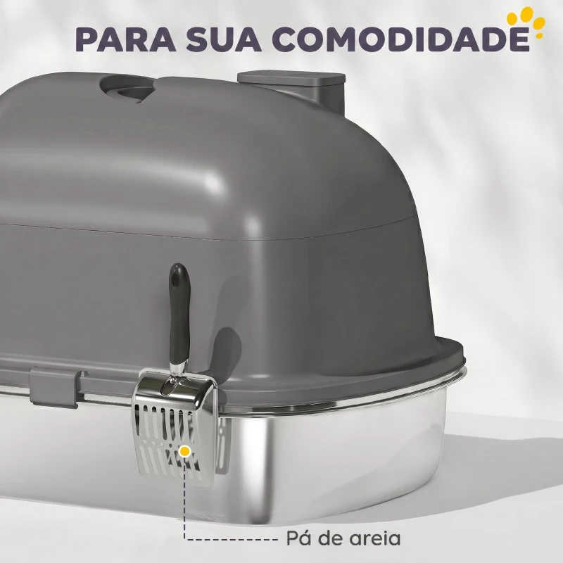PawHut Caixa de Areia para Gatos em Aço Inoxidável com Tampa, Saco Desodorizante e Pá, Fácil de Limpar, 52,4x41,3x39,9 cm, Cinzento Escuro