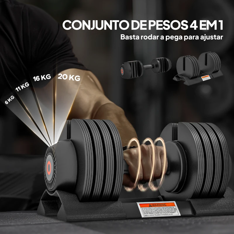 SPORTNOW Conjunto de Pesos Ajustável de 20 kg com Ajuste Rápido de Peso com Base de Armazenamento e Pega Antiderrapante  Ø18x37 cm Preto