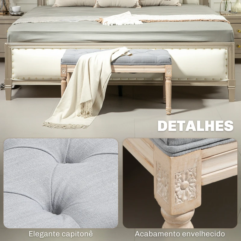 HOMCOM Banco de Cama Acolchoado com Linho Sintético e Pés de Madeira Estilo Vintage Cinzento Claro
