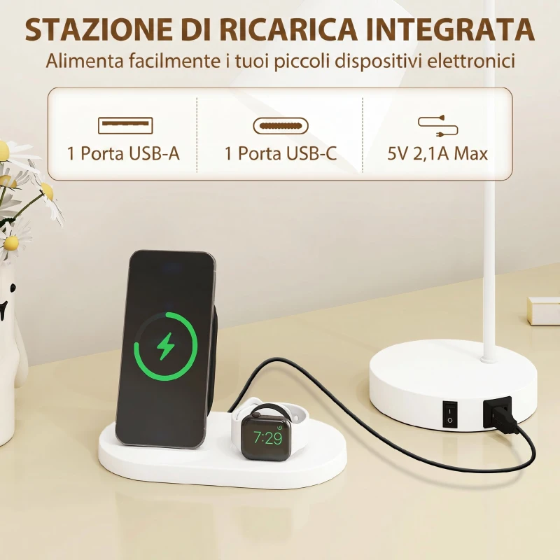 HOMCOM Set di 2 Lampade da Tavolo Moderne in Acciaio con Porte USB, Attacco E27, Bianco