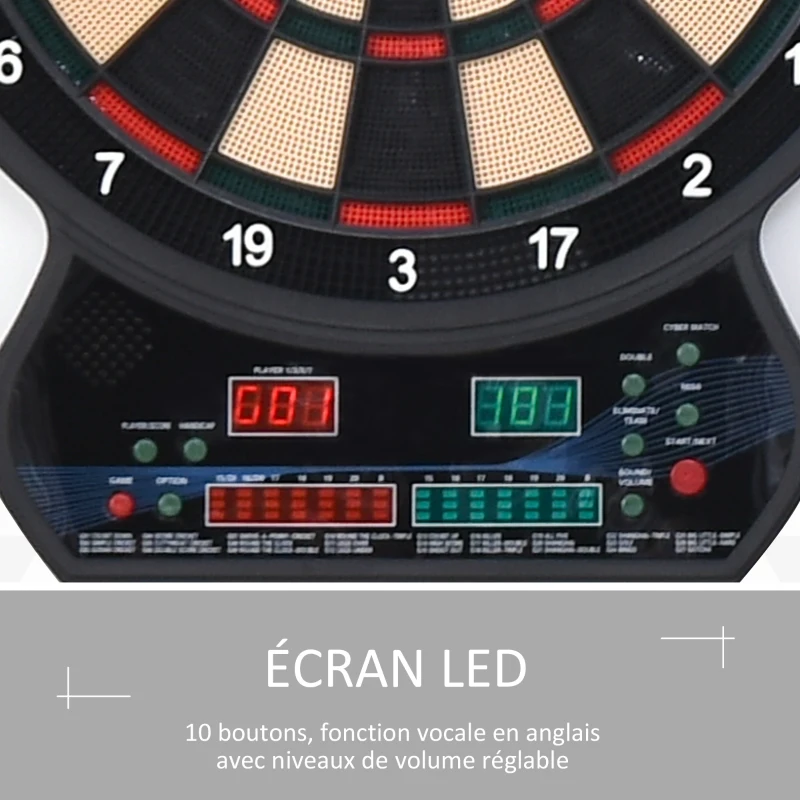 HOMCOM Cible Jeu de fléchettes électronique 27 Jeux Principaux et 202 variations, jusqu'à 8 Joueurs, avec 12 fléchettes Pointes Souples, 30 pointes de rechange, Affichage LED Noir