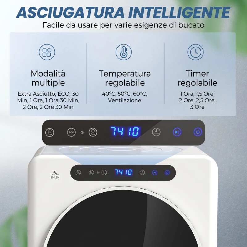HOMCOM Mini Asciugatrice Elettrica 1000W da 3 kg con Display LED, 49x43x61 cm, Bianco
