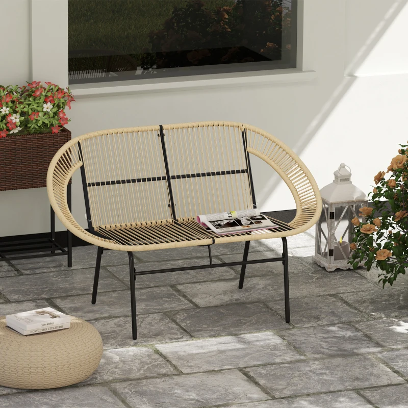 Outsunny 2-zits Tuinbank Polyrattan, weerbestendige Bank in Rattanvlecht-Design, UV-bestendig tot 260kg belast, Khaki