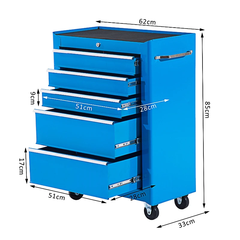 HOMCOM Chariot à outils sur roulettes, Servante d'atelier en acier 5 tiroirs verrouillable 2 clés, 61,5 x 33 x 82,5 cm, bleu