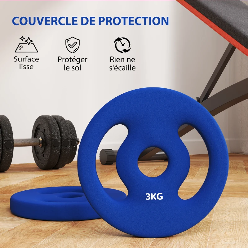 SPORTNOW Lot de 2 plaques de poids 2 x 3 kg disques d'haltères pour barres Ø 2,5 cm avec poignées faciles à saisir en métal, bleu