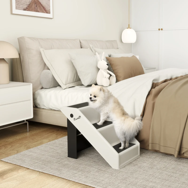 PawHut Scaletta per Cani e Gatti con 3 Scalini Antiscivolo, Design Pieghevole con Capacità 10 kg, Crema
