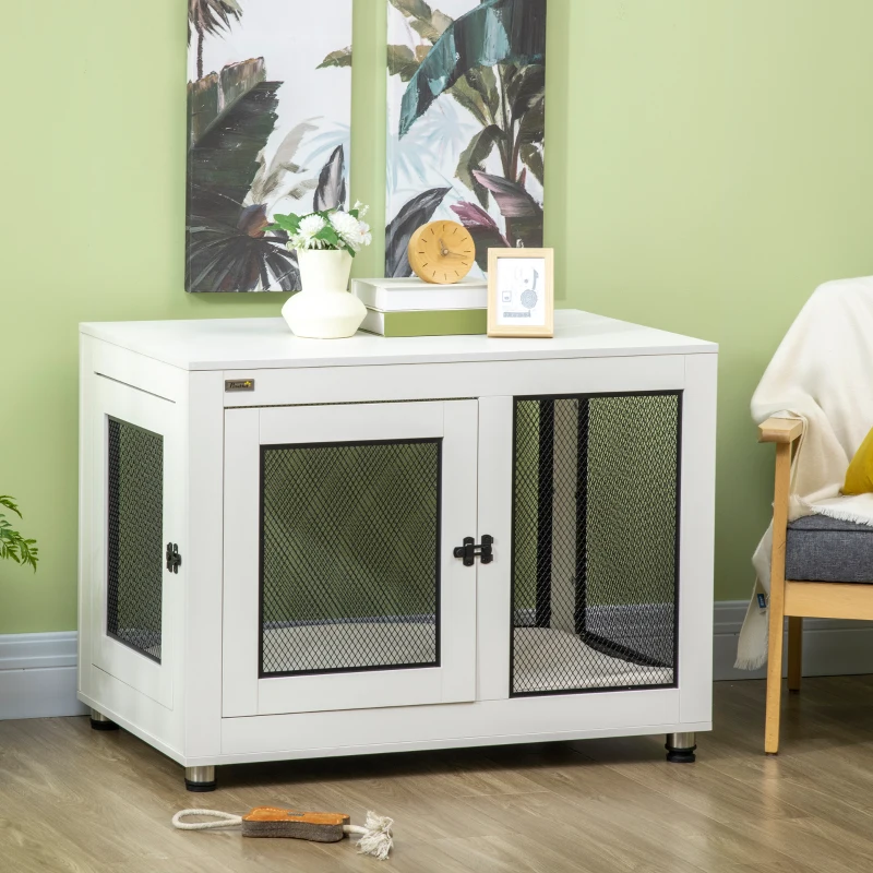PawHut Casetta per Cani Taglia Grande con 2 Porte Bloccabili e Cuscino Lavabile, 94x60x71.5 cm, Bianco