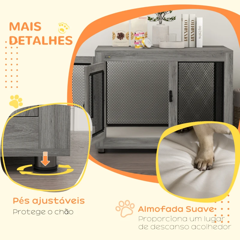 PawHut Gaiola para Cães de Madeira Mesa de Centro l com 2 Portas com Fechadura Almofada de Tecido Oxford 94x60x71,5 cm Cinza