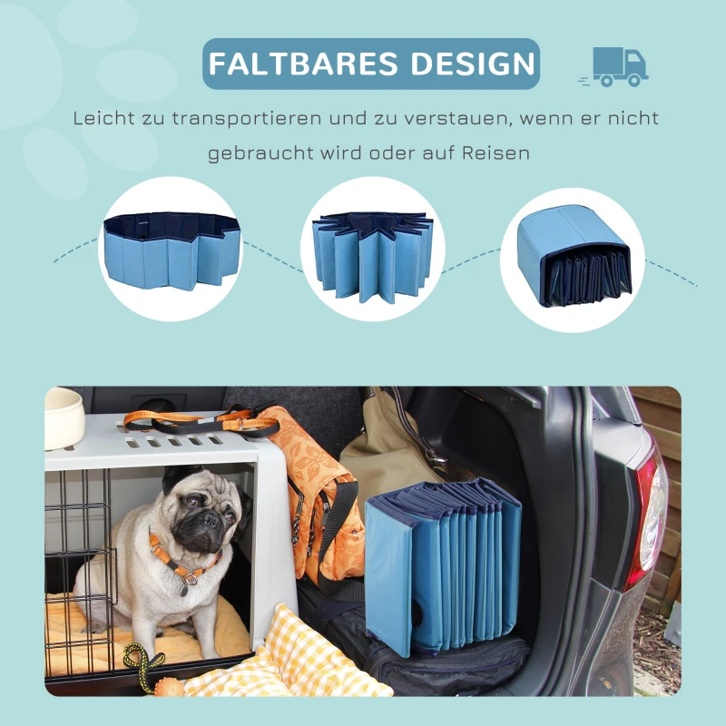 PawHut Hundebadewanne faltbar Hundepool Schwimmbecken Swimmingpool Plantschbecken Badewanne für Hunde & Katzen Wasserbecken aus Kunststoff, Holz Ø80 x H20 cm Blau