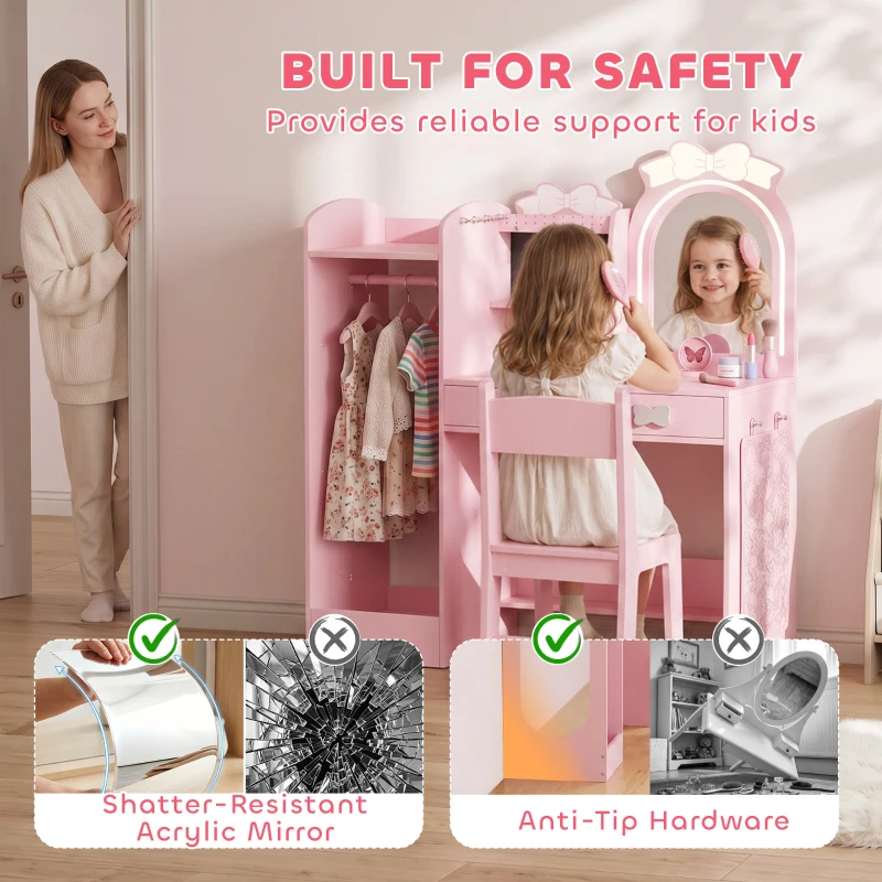 AIYAPLAY Kids Dressing Table, 3-in-1 Girls Vanity Set with Stool, 2-Colour Lights Mirror, Clothes Rack for Ages 3-8, Pink