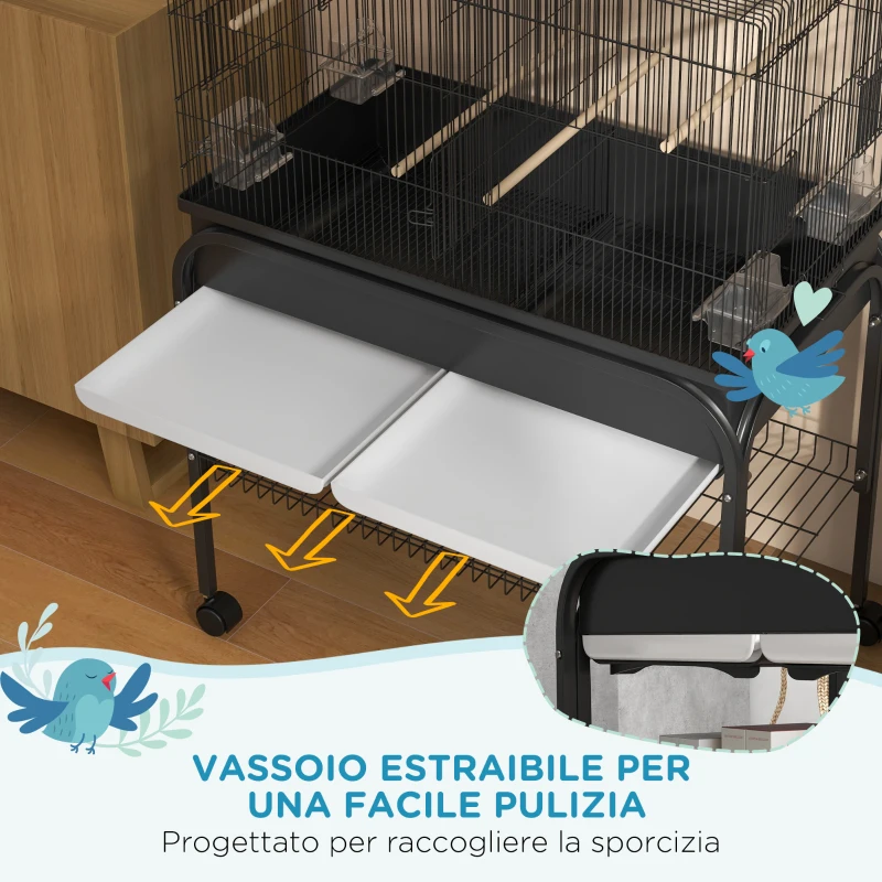 PawHut Gabbia per Uccelli da Interno con Vassoio, Ripiano e Ruote con Freno, 85x49x119 cm, Nero