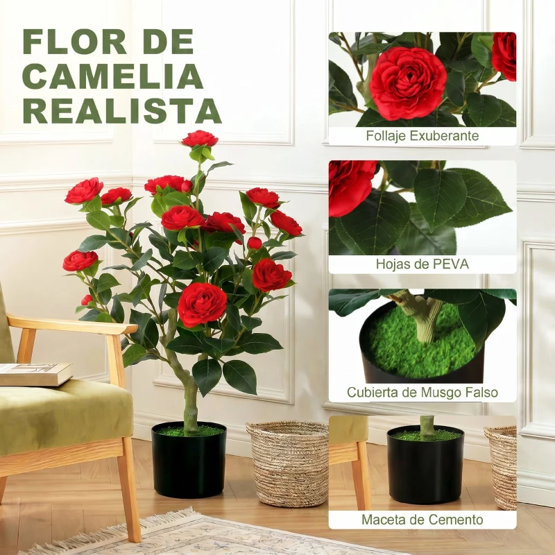 HOMCOM Planta Artificial de Camelia 65 cm Árbol Artificial en Maceta con Flores de Seda Realistas 116 Hojas Efecto Musgo Rojo