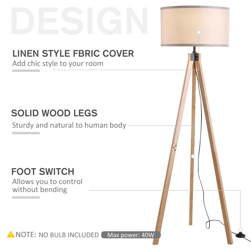 HOMCOM Lampada da Terra con Treppiede e Paralume in Lino Beige per Soggiorno, Compatibilità Lampadine E27, Ф45 x 152cm