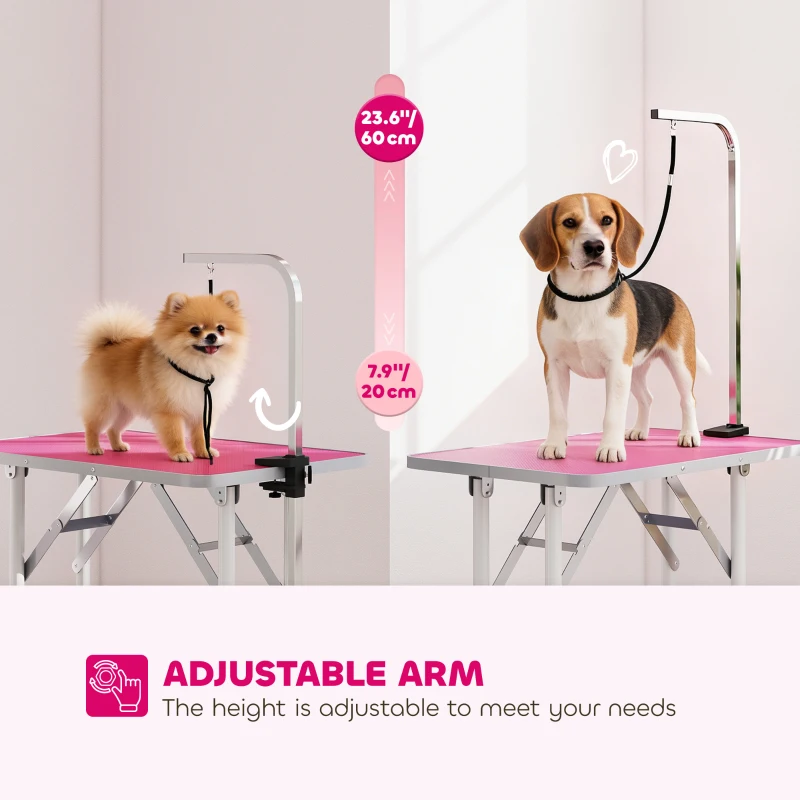 PawHut 32" Foldable Dog Grooming Table Pet Drying Beauty Table Adjustable Fixed Arm Rubber Top, Pink