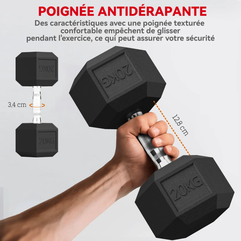 HOMCOM Lot de 2 Haltères Courtes Poids 40 kg, Haltère Hexagonale Entraînement Musculaire & Haltérophilie, Noir