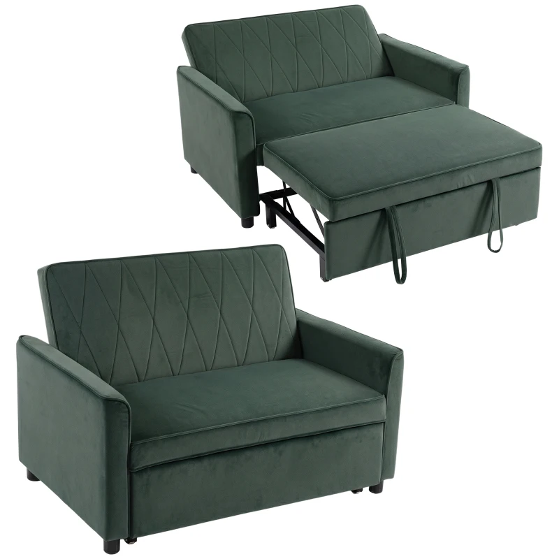 HOMCOM 2 Seater Sofa Bed, 3-in-1 Convertible Pull Out Sleeper Sofa with Click-Clack Adjustable Backrest, Dark Green