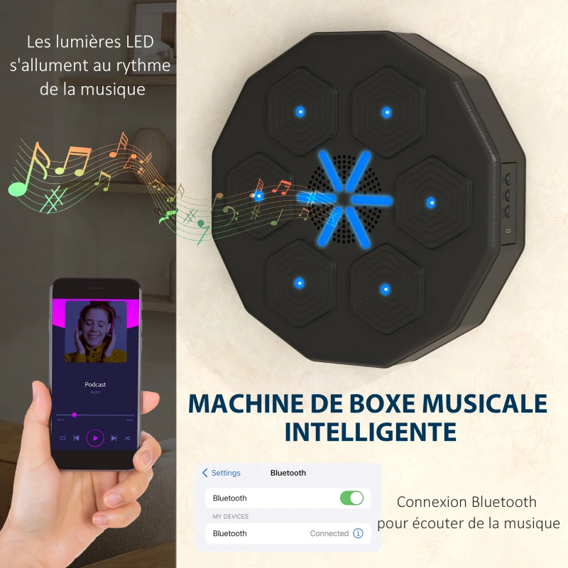 SPORTNOW Machine de boxe musicale music boxing machine mural avec bluetooth music 40 x 40 x 7,5 cm, noir