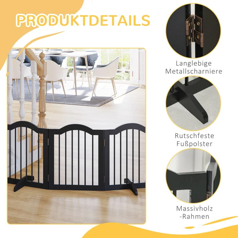 PawHut honden versperring beschermrek hondenrek configuratierooster 3-delig met twee steunpoten, stabiel en opvouwbaar geschikt voor binnen en buiten MDF zwart 154,5 x 29,5 x 61 cm