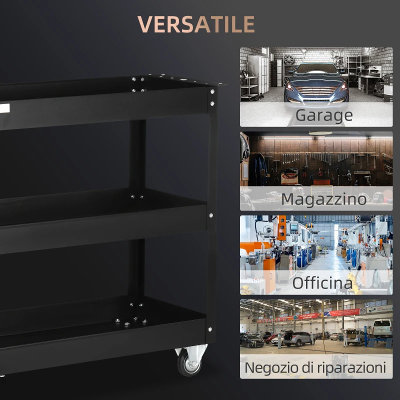 DURHAND Carrello Porta Attrezzi a 3 Livelli in Acciaio con Bordi Alti e 4 Ruote Girevoli, 83x35.3x76 cm, Nero
