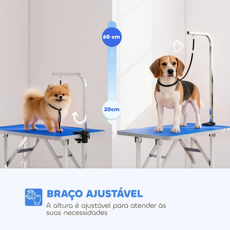 PawHut Mesa de Tosquia para Cães Dobrável com Superfície Antiderrapante Braço Ajustável 81x48,5x80 cm Azul