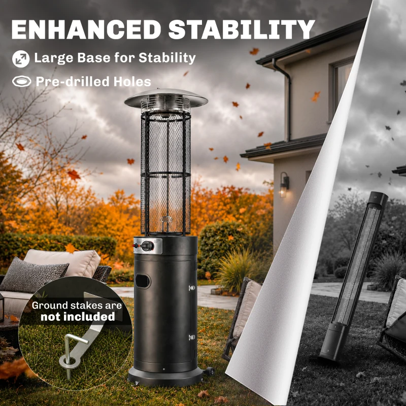 Outsunny 11 KW Freestanding Gas Patio Heater, Adjustable Outdoor Garden Propane Heater with Tip-Over Switch, Wheels, Pulse Ignition, Tank Room with Openable Door, Black