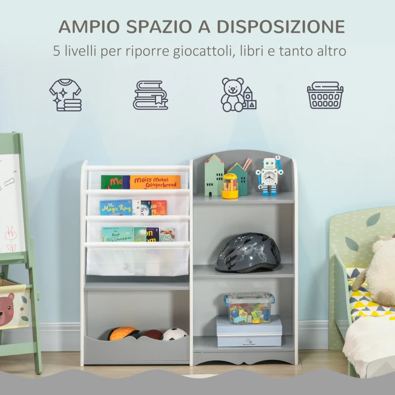 ZONEKIZ Scaffale Portagiochi per Bambini con Ripiani in Legno, 85x26x84cm, Grigio