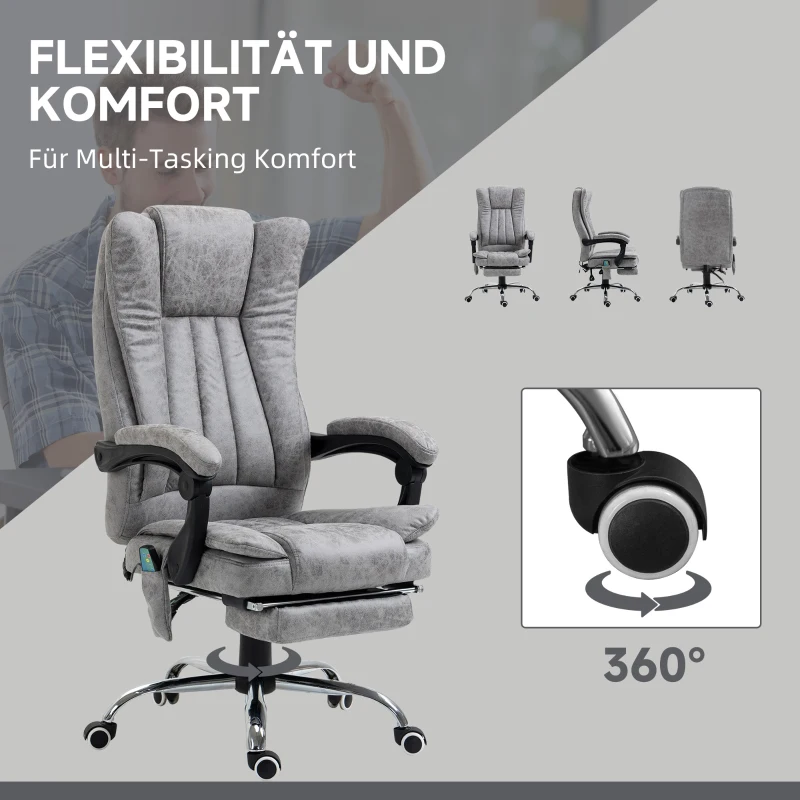HOMCOM Ergonomische bureaustoel comfortabele grote massage met verwarmingsfunctie ligfunctie voetensteun thuis grijs