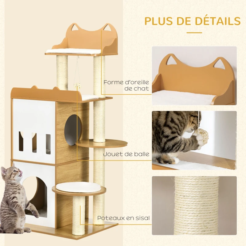 PawHut Arbre à chat design contemporain griffoirs grattoirs 2 niches plate-formes 5 coussins sisal naturel hauteur 133 cm blanc