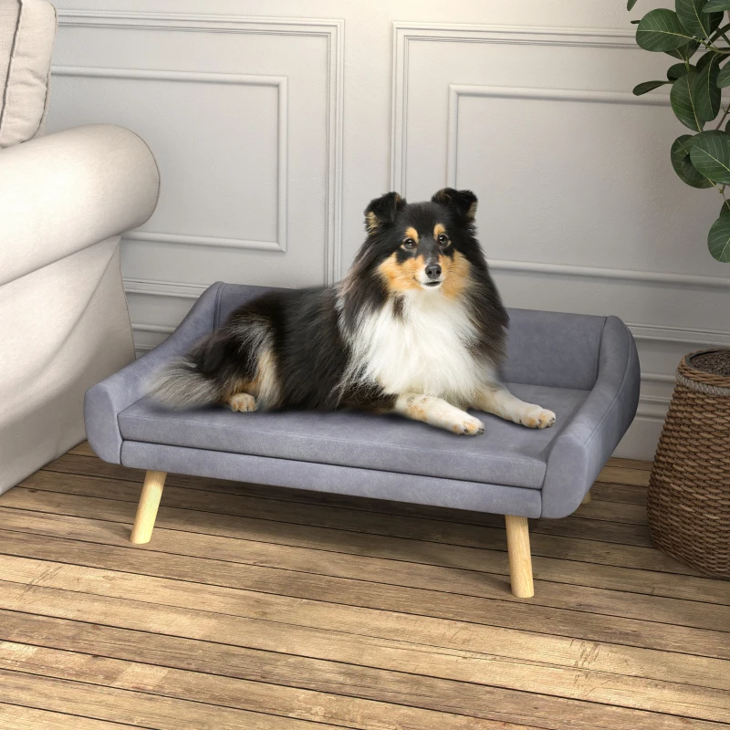 PawHut Hondenbank, Scandinavisch design, met afneembare bekleding in fluweelachtige stof, 102 cm x 58,5 cm x 42,5 cm, Grijs + Natuurlijk(m-2)
