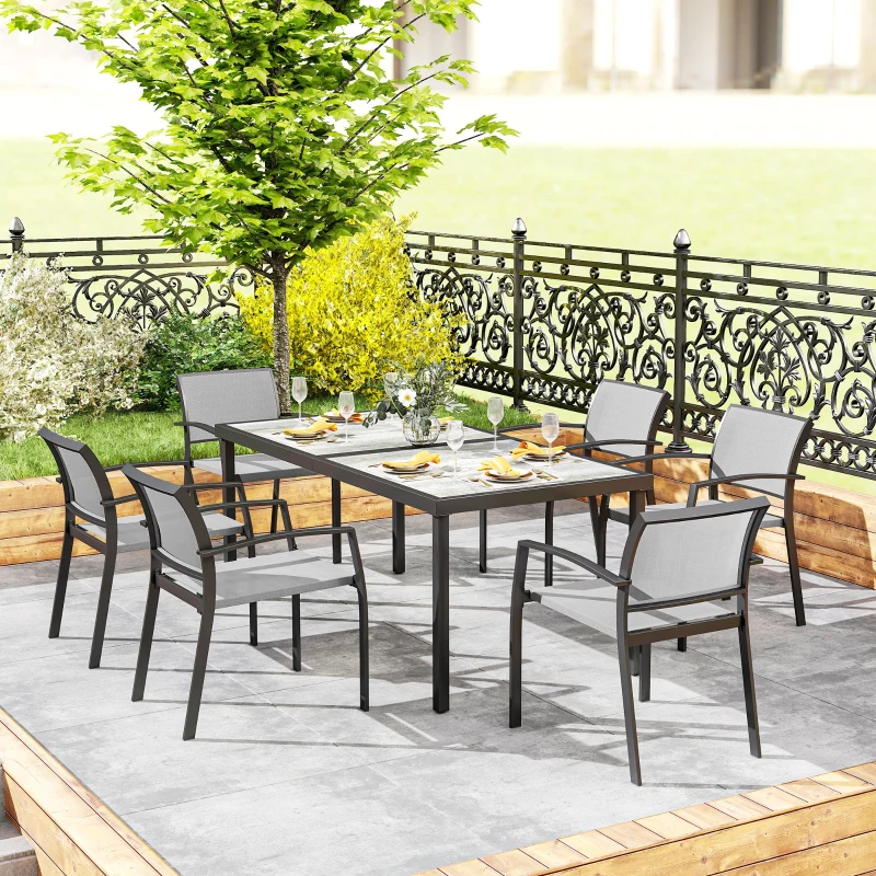 Outsunny 7-delige eettafelset, 6 stoelen, 1 tafel, stapelbaar, gemakkelijk te reinigen, stalen frame, tuinmeubelset, grijs