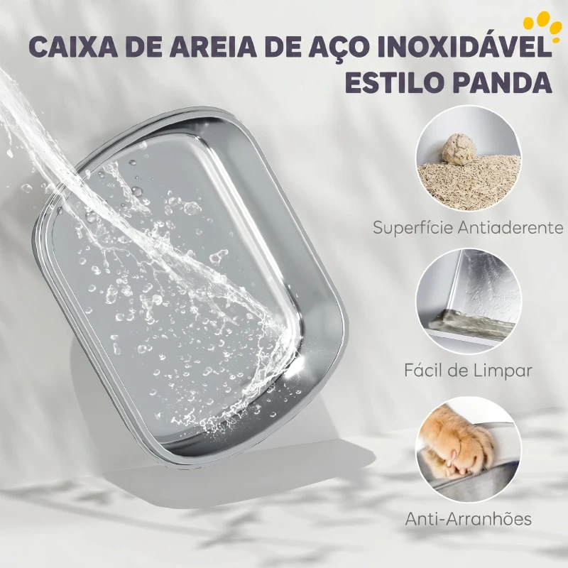 PawHut Caixa de Areia para Gatos Grandes XL em Aço Inoxidável com Tampa Rebatível, Pá e Desodorizante, Panda, Preto