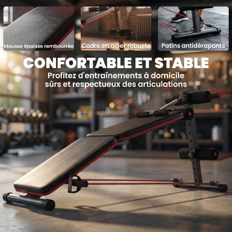 HOMCOM Banc de musculation pliable multifonction banc Fitness sit-up sangles d'extension latérales + ressort traction acier revêtement synthétique rouge noir