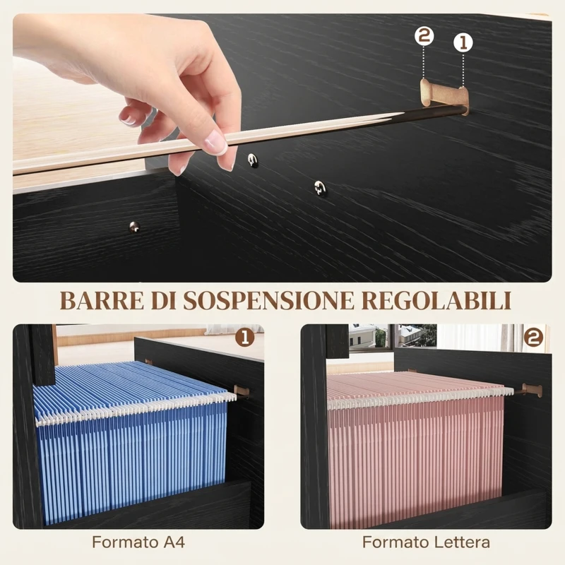 HOMCOM Armadio per Ufficio a 4 Cassetti con 2 Serrature e Barra Portadocumenti, in Legno, 40x42x130.8 cm, Nero