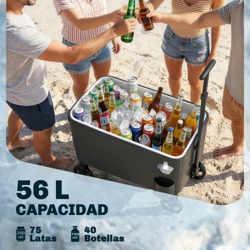 Outsunny Carrito Nevera de 56L con Ruedas Mango Ajustable Abrebotellas Recogetapas Drenaje y Asa 75x35x120 cm Negro