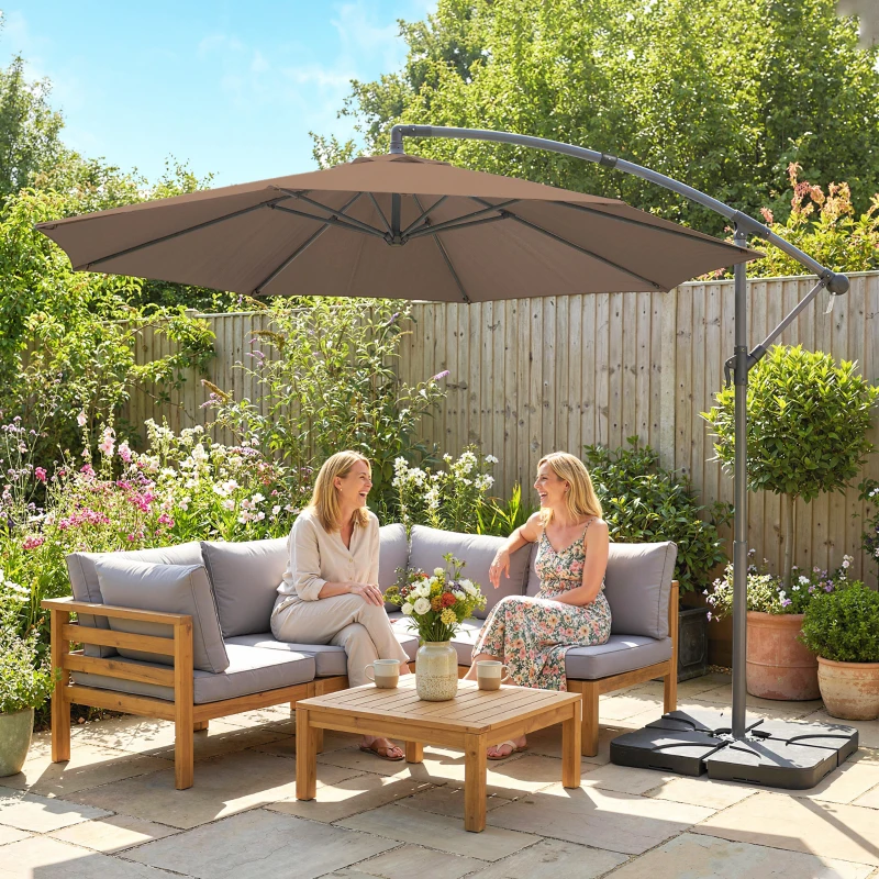 Outsunny 3m Overhanging Parasol, with Base, Weights and Cover - Coffee