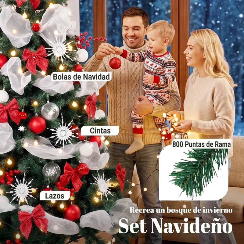 HOMCOM Árbol de Navidad Predecorado 180 cm con 200 LED 8 Modos 800 Ramas Mando y Base Plegable Funciona con USB Verde y Rojo