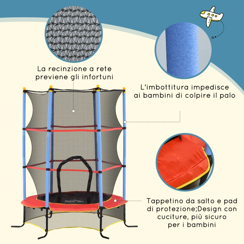 HOMCOM Trampolino per Bambini con Tappeto Elastico, Rete di Sicurezza e Pali Imbottiti, Età 3-10 Anni, Blu