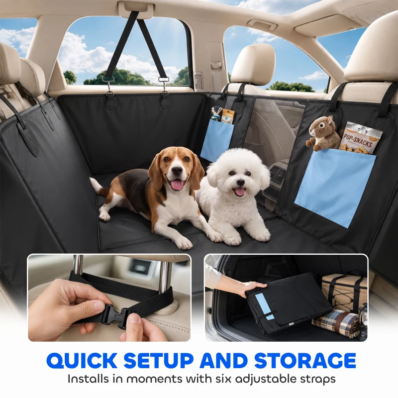 PawHut Dog Car Seat Cover, Waterproof Dog Travel Hammock w/ Non-Slip & Anti-Scratch Surface, Mesh Window and Pockets, Blue