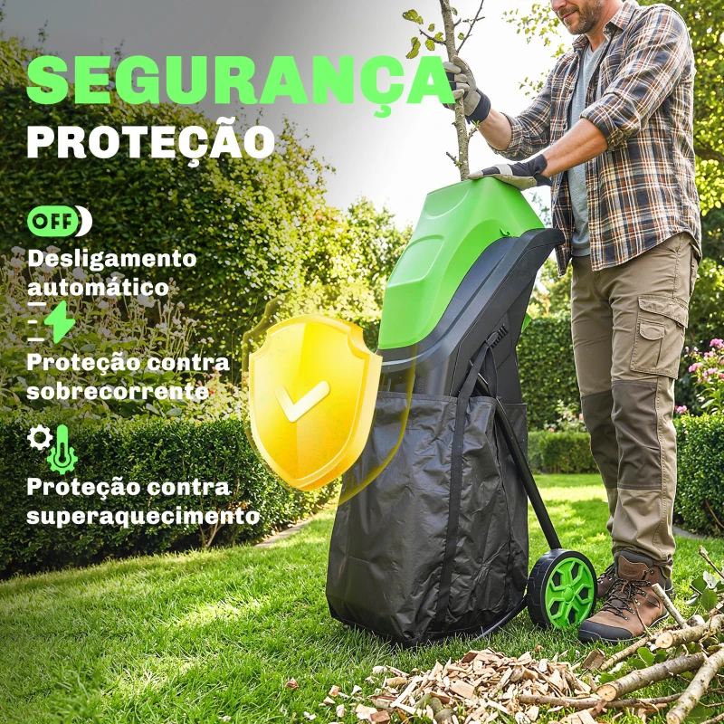 Outsunny Trituradora de Ramos Elétrica 2500W com 2 Lâminas Reversíveis até Ø44 mm Saco de 45L e Rodas 44x34x96 cm Verde