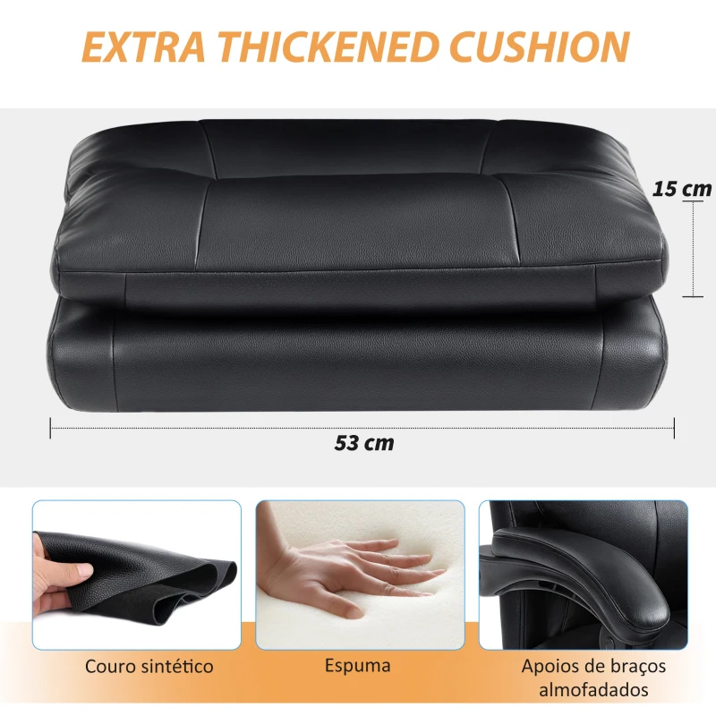 HOMCOM Cadeira de Escritório com Suporte Lombar Inflável Estofada em PU e Encosto Reclinável 65x76x113-121 cm Preto