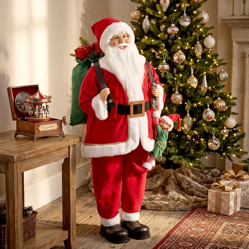 HOMCOM 4ft Singing Dancing Santa Claus, Standing Christmas Animated Santa Figure with Sack, Hanging Elf, Sound/Touch Activated