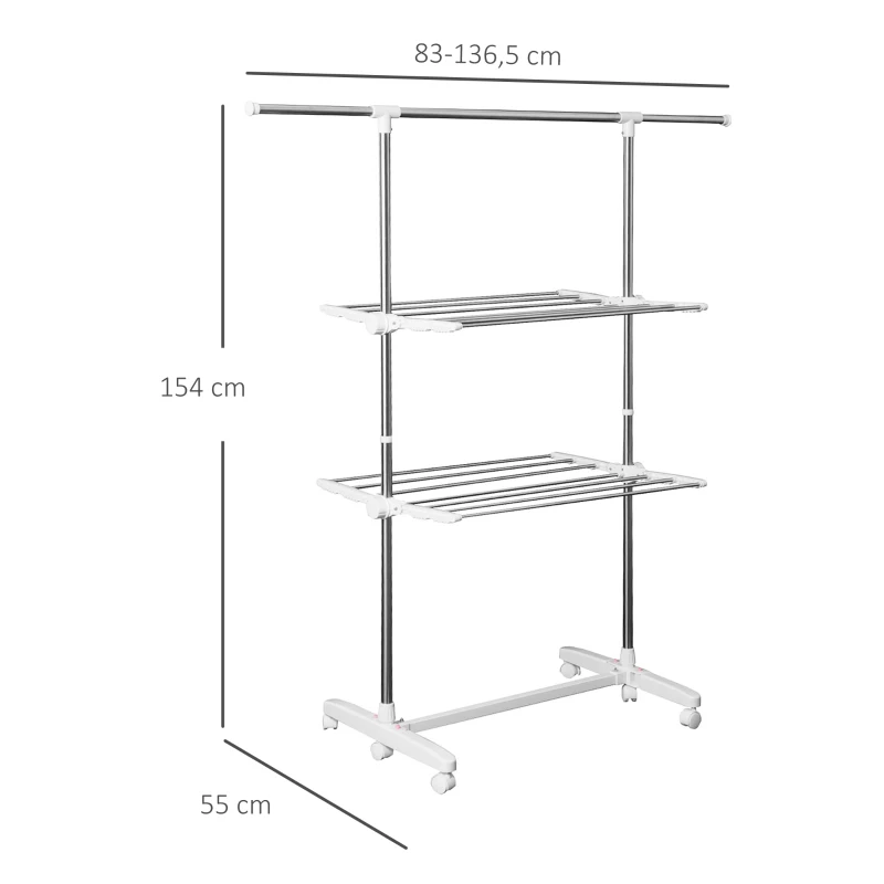 HOMCOM Turmwäscheständer ausziehbar Standtrockner mit 3 Ebenen klappbare Flügel Rollen 154 cm Weiß