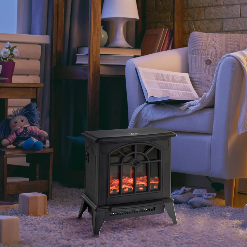 HOMCOM Freestanding Electric Fireplace, Electric Log Burner with LED Flame Effect, Overheating Safety System, 1000W/2000W, Black