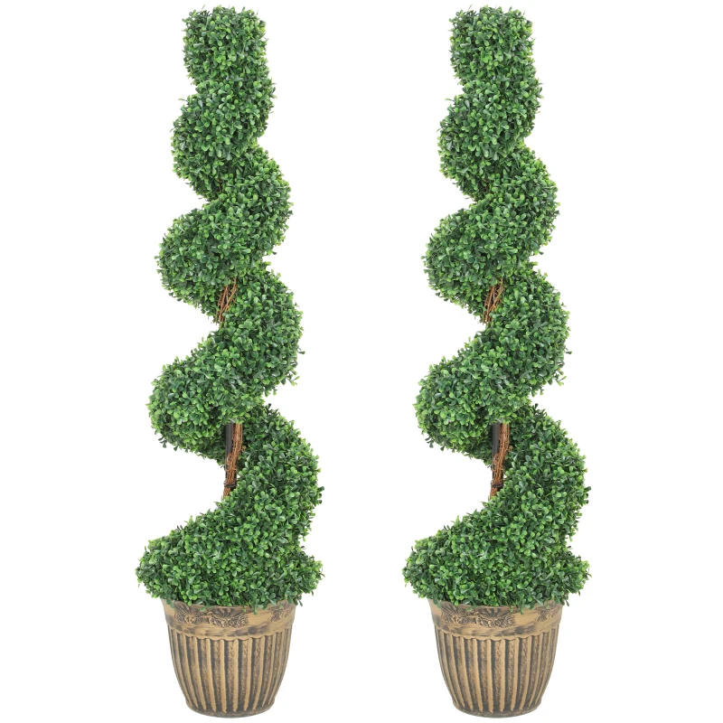 HOMCOM Conjunto 2 Plantas Artificiais de Buxo em Espiral 120cm com Vaso Incluído para Decoração Interior e Exterior Verde